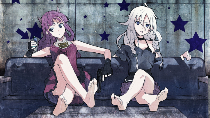 Two anime girls sitting on a couch with guns