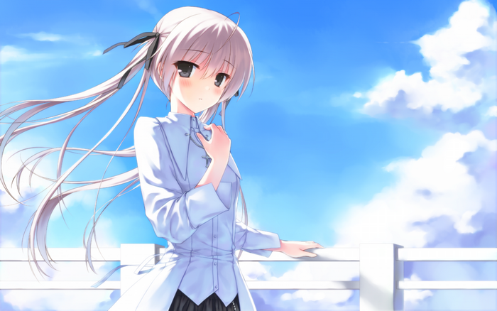 Anime girl with white hair and blue sky