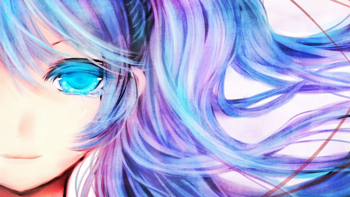 Anime girl with blue and purple hair crying