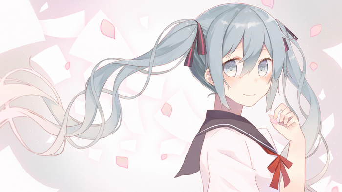 Hatsune Miku in school uniform with cherry blossoms