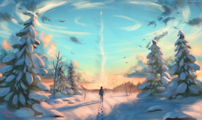 Man walking towards rocket launch in winter landscape