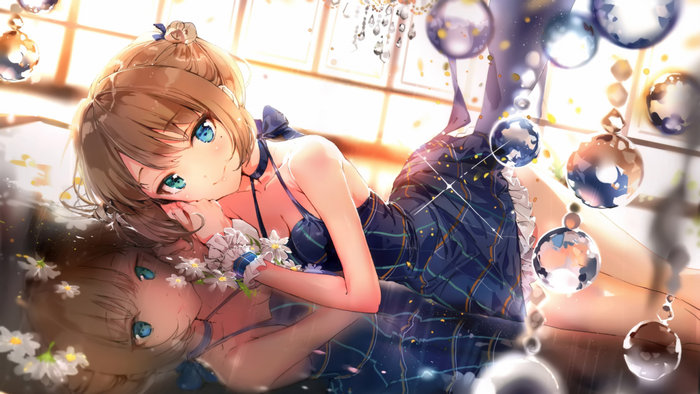 Anime girl in a blue plaid dress with flowers