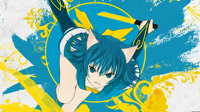 Anime girl with blue hair and cat ears holding a sword