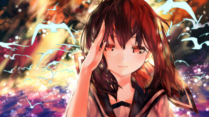 Anime girl with red eyes and birds flying
