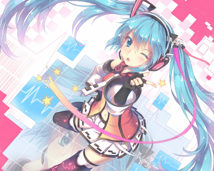 Hatsune Miku from Vocaloid with headphones and musical notes