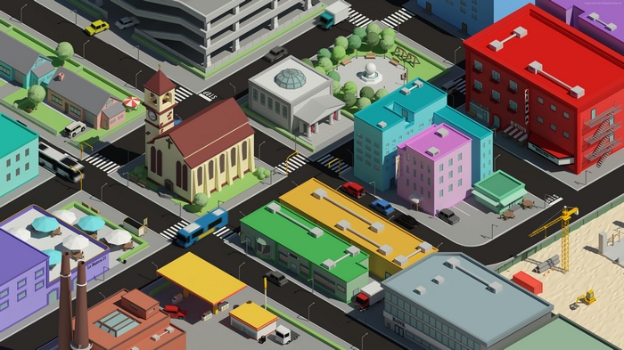 Isometric city with buildings, cars, and a church