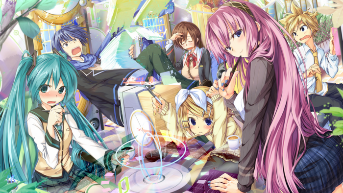 Vocaloid characters in a room with music equipment