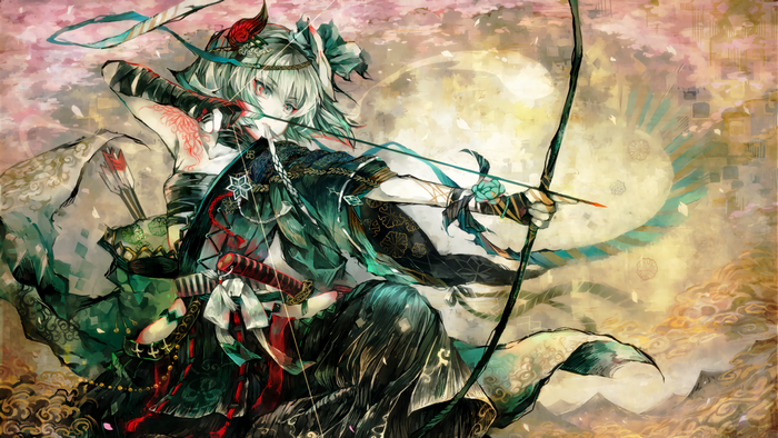 Anime girl with bow and arrow, cherry blossoms