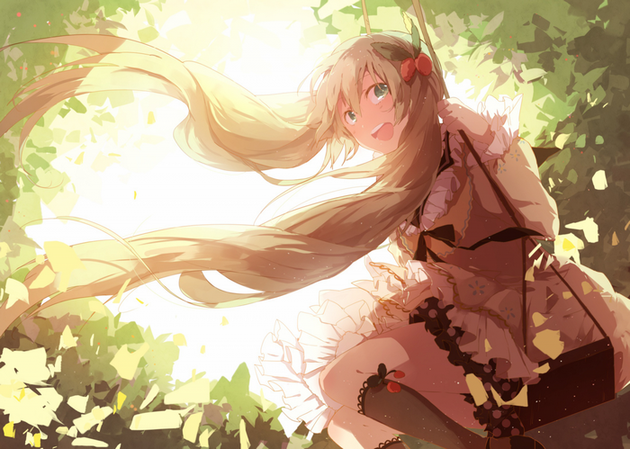 Anime girl with blonde pigtails on a swing
