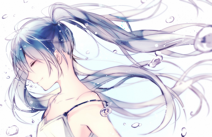 Hatsune Miku from Vocaloid underwater with bubbles