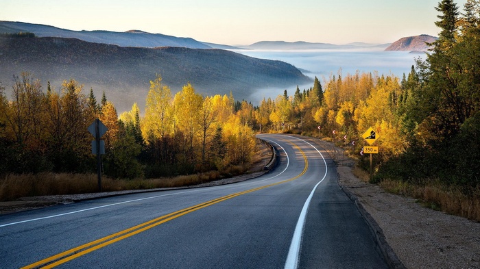 Autumn road through misty mountains