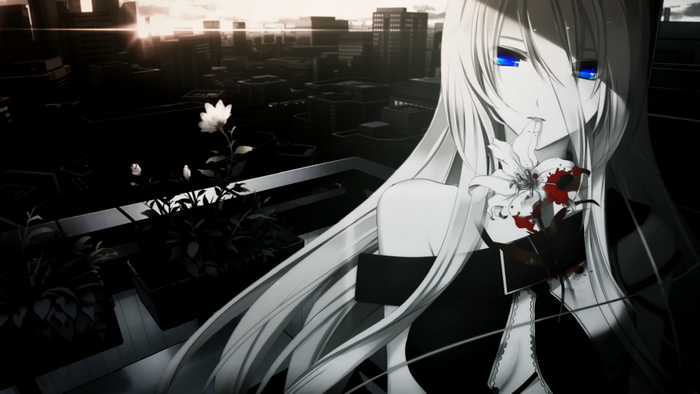 Anime girl with blue eyes holding a bloody flower