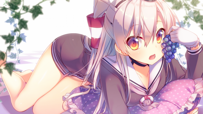 Anime girl with white hair eating grapes