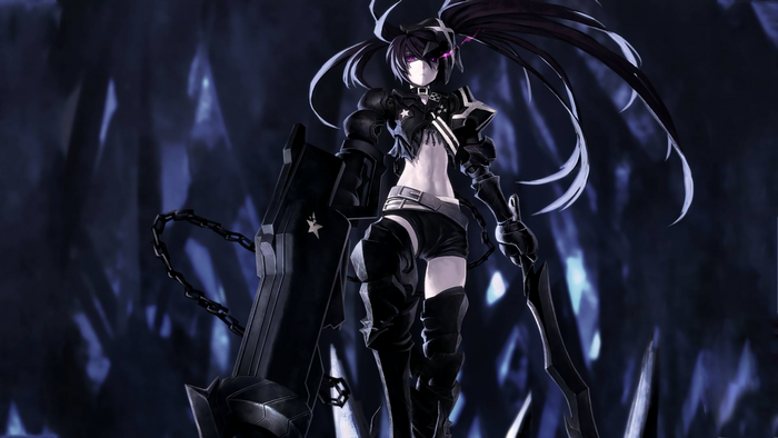 Black Rock Shooter in dark armor with sword and shield