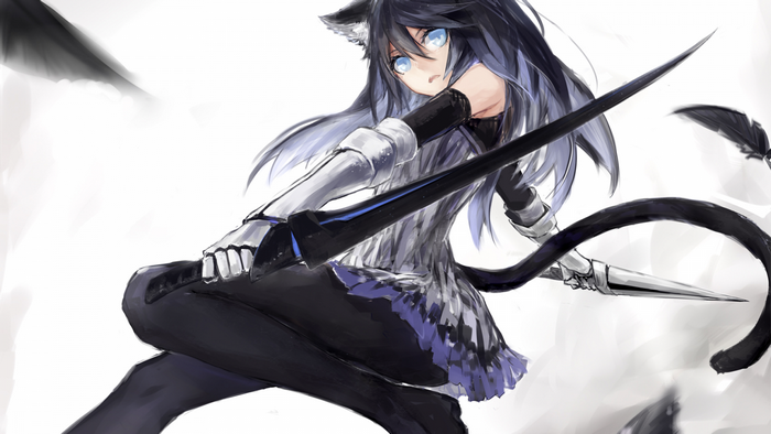 Anime girl with black hair and cat ears holding a sword