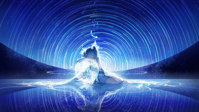 Girl in blue dress holding a glowing orb in a starry, watery environment
