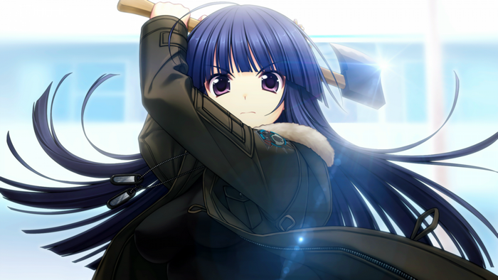 Anime girl with purple eyes holding an axe
