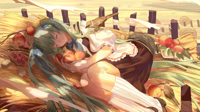 Hatsune Miku sleeping in a haystack with fruit and birds