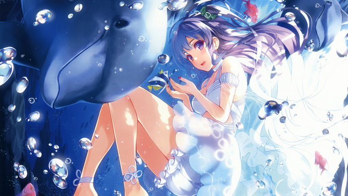 Anime girl with dolphin and fish underwater