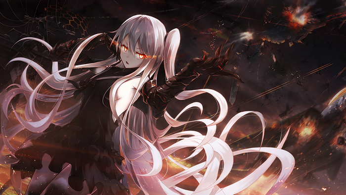 Anime girl with white hair and red eyes in a dark battle