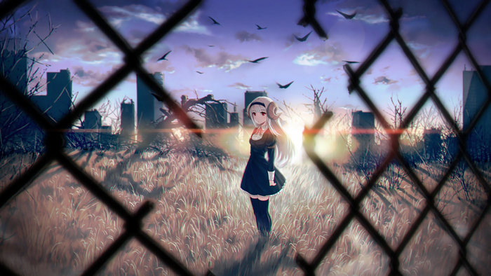 Girl with horns in a ruined city at sunset