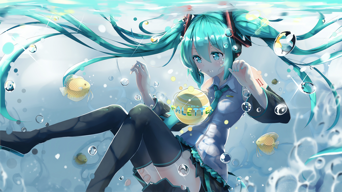 Hatsune Miku underwater with fish and bubbles