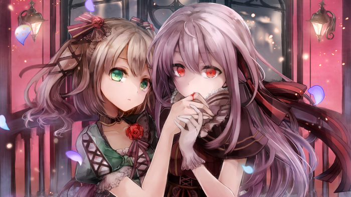 Anime girls with red and green eyes holding hands
