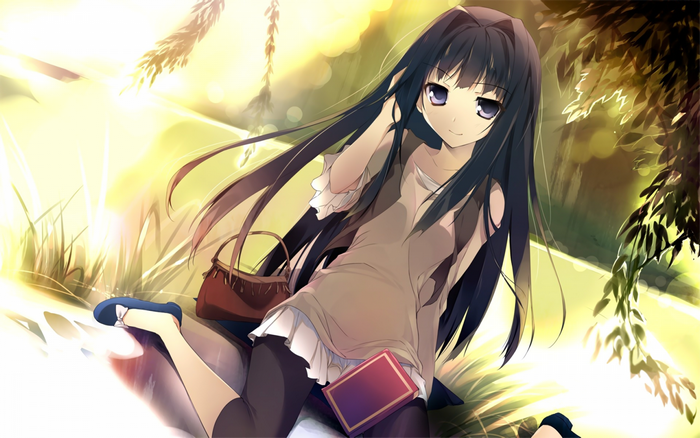 Anime girl with long dark hair sitting outdoors