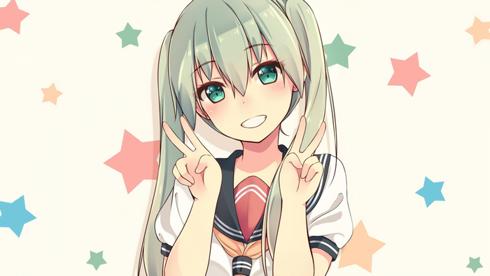 Anime girl with pigtails making peace signs