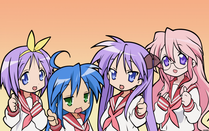 Four Lucky Star characters in school uniforms