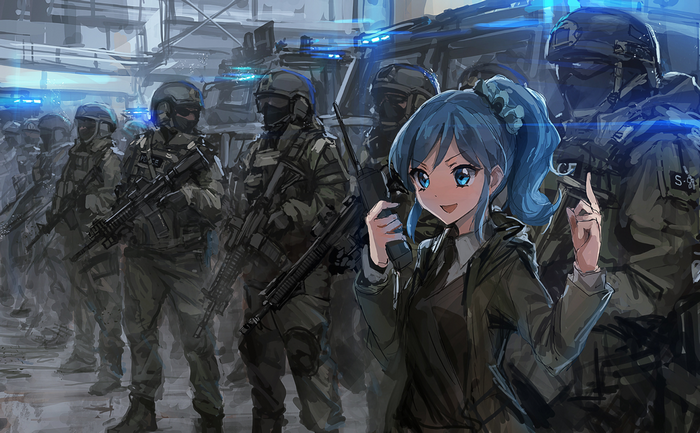 Anime girl with military soldiers
