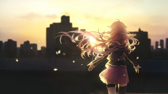 Anime girl with pink hair at sunrise over city