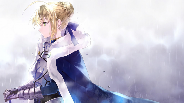 Saber in armor and blue cloak in the rain