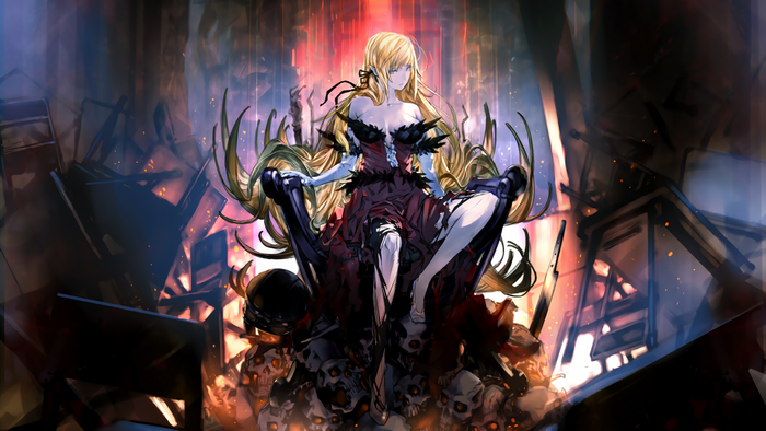 Oshino Shinobu from Monogatari Series sitting on skulls