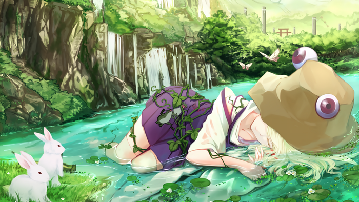 Suwako Moriya from Touhou sleeping in a river