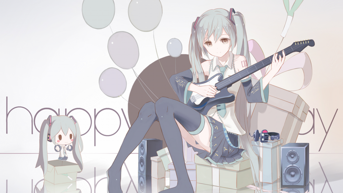 Hatsune Miku with Guitar and Balloons