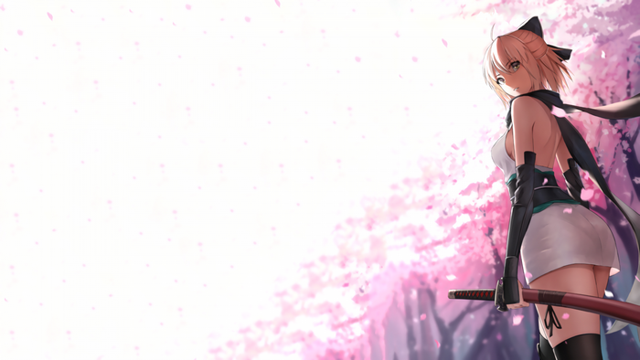 Sakura Saber with a katana in a cherry blossom forest