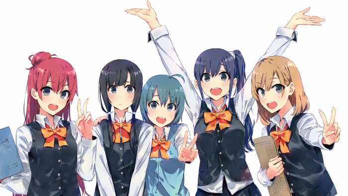 Five anime girls in school uniforms posing together