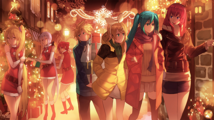 Vocaloid characters in Christmas outfits on a decorated street