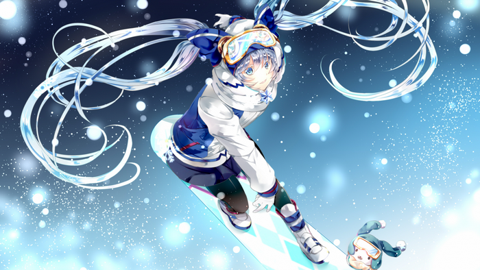 Anime girl snowboarding in winter