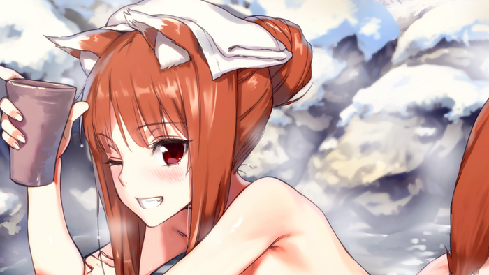 Holo from Spice and Wolf in a hot spring