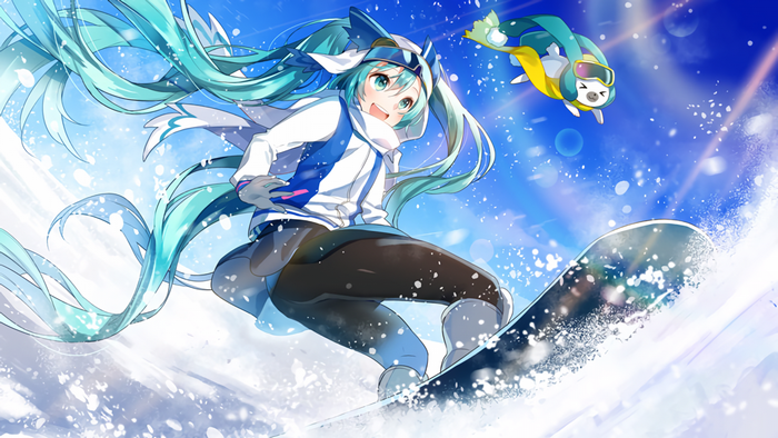 Hatsune Miku snowboarding with a seal creature