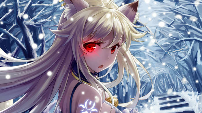 Anime girl with red eyes in a snowy forest