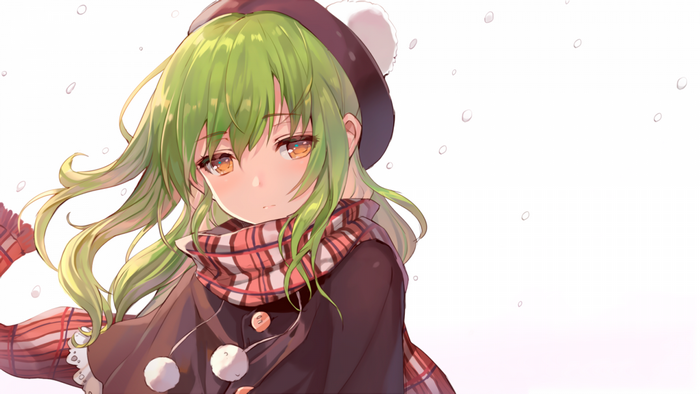 Anime girl with green hair and scarf in snow