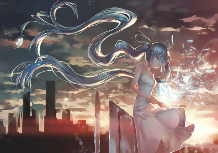 Anime girl with long blue hair and white dress