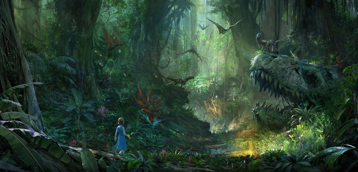 Girl in a prehistoric jungle with dinosaurs