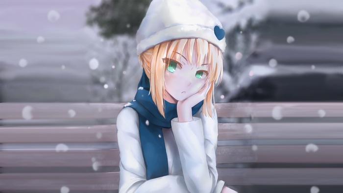 Saber from Fate series in winter clothing