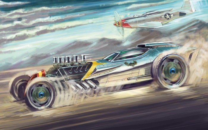 Drag racing car and airplane in motion