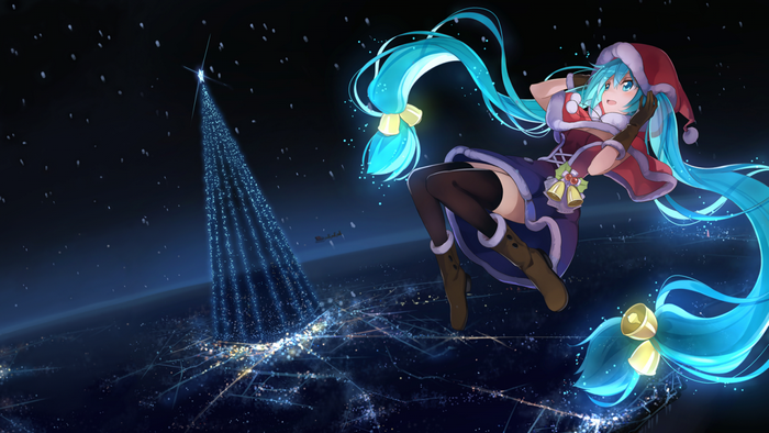 Hatsune Miku in Christmas Outfit with Christmas Tree