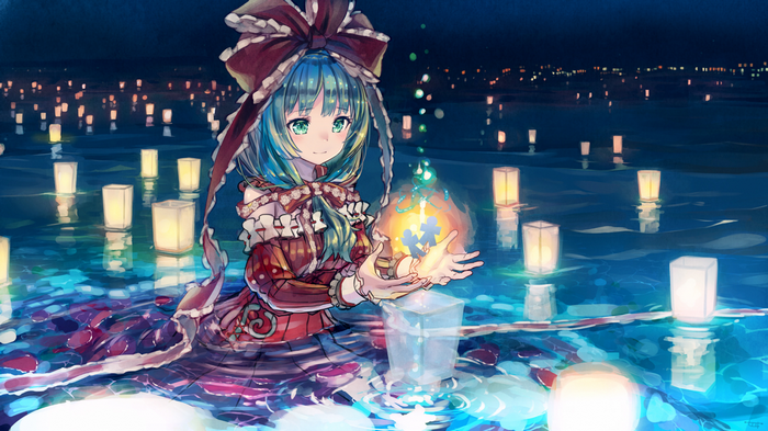 Anime girl with blue hair releasing lanterns on water